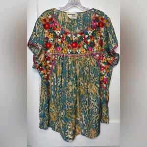 Savanna Jane Women’s 3X Floral Embroidered Top Boho Artsy Short Sleeve